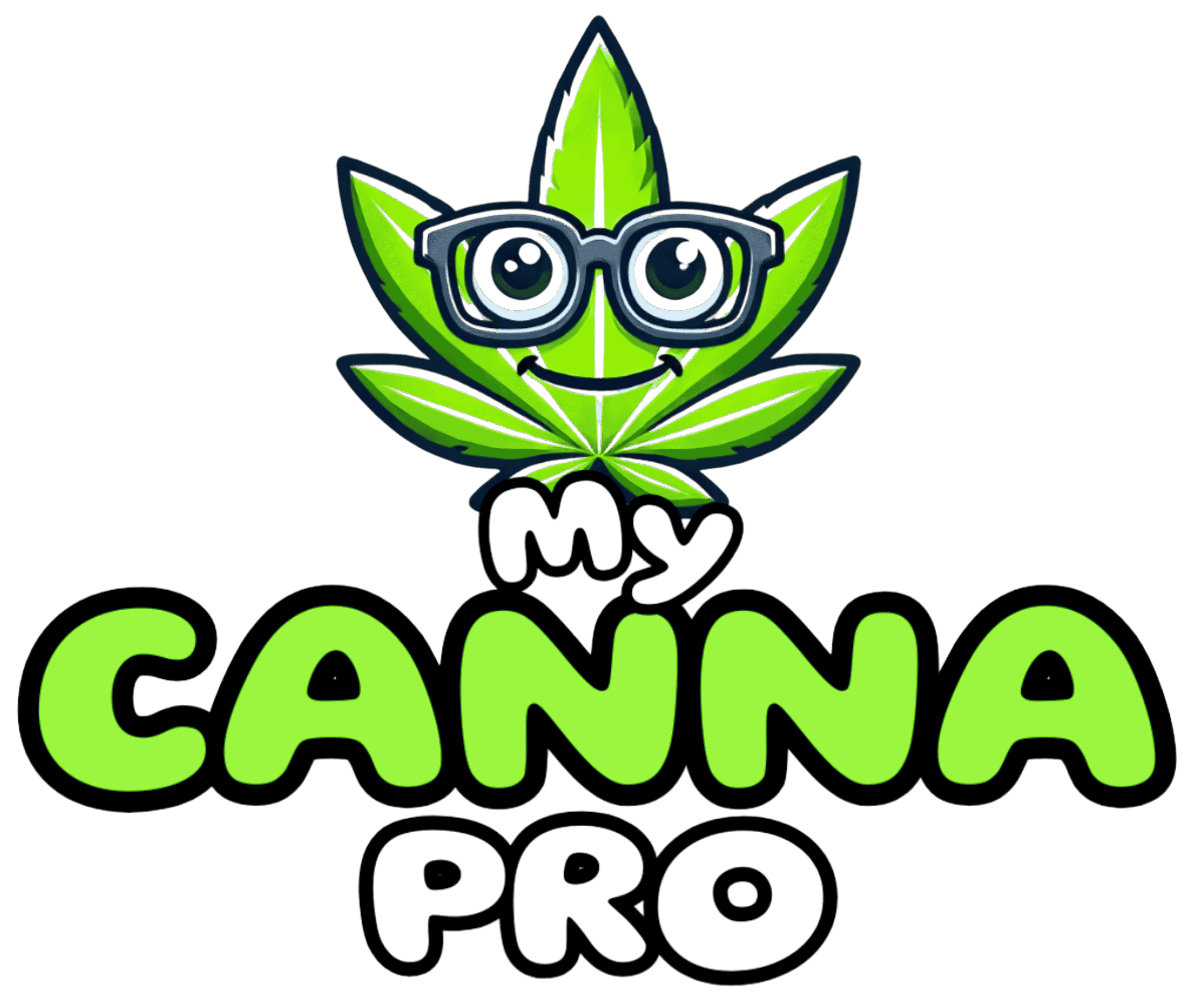 logo for my canna pr featuring a happy cartoon looking cannabis leaf with eyes, glasses, and a smile.